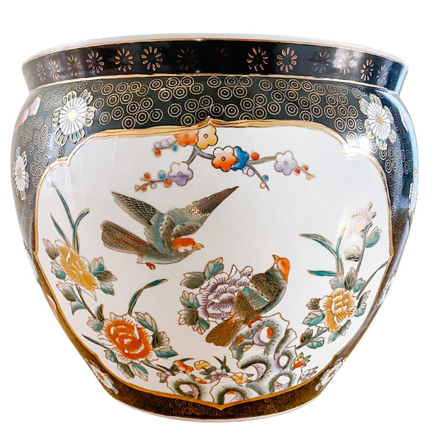 Large Black & Gold Bird Motif Fish Bowl Planter