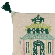 Chinoiserie Pagoda Pink & Green Tassels Wool Hook Pillow
