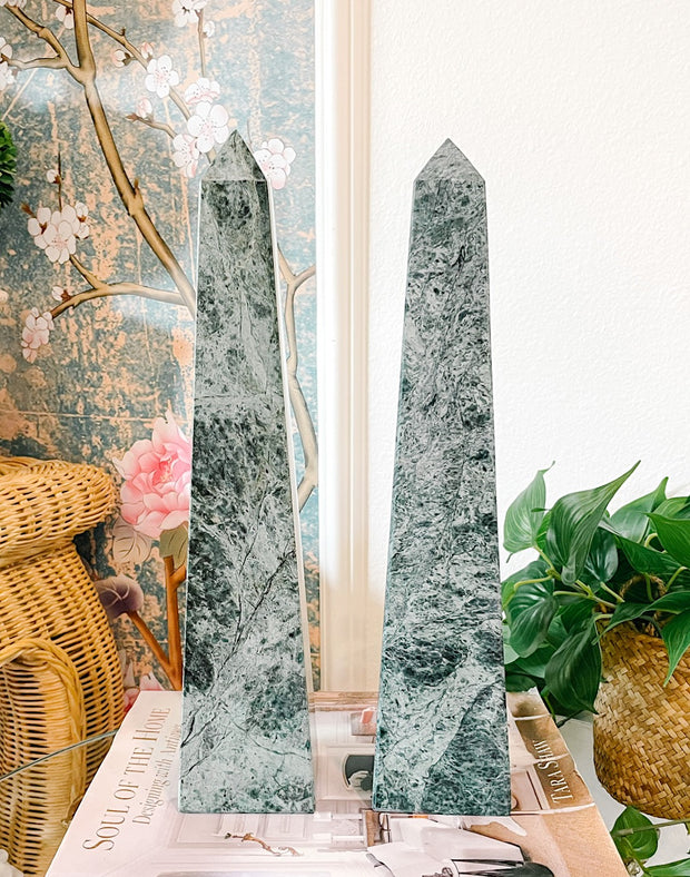 Pair Of Tall Contemporary Green Marble Obelisks
