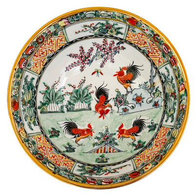 Antique Cantonese Famille Rose Bowl With Rooster Motif