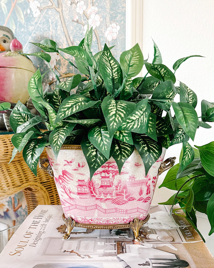 Pink & White Chinoiserie Pagoda Porcelain Planter With Ormolu