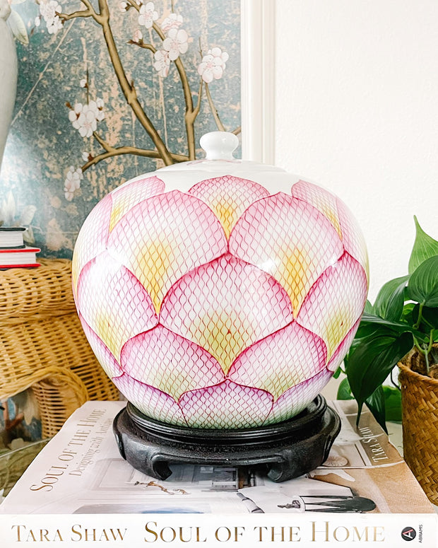 Vintage Large Pink Lotus Petals Melon Jar On Stand