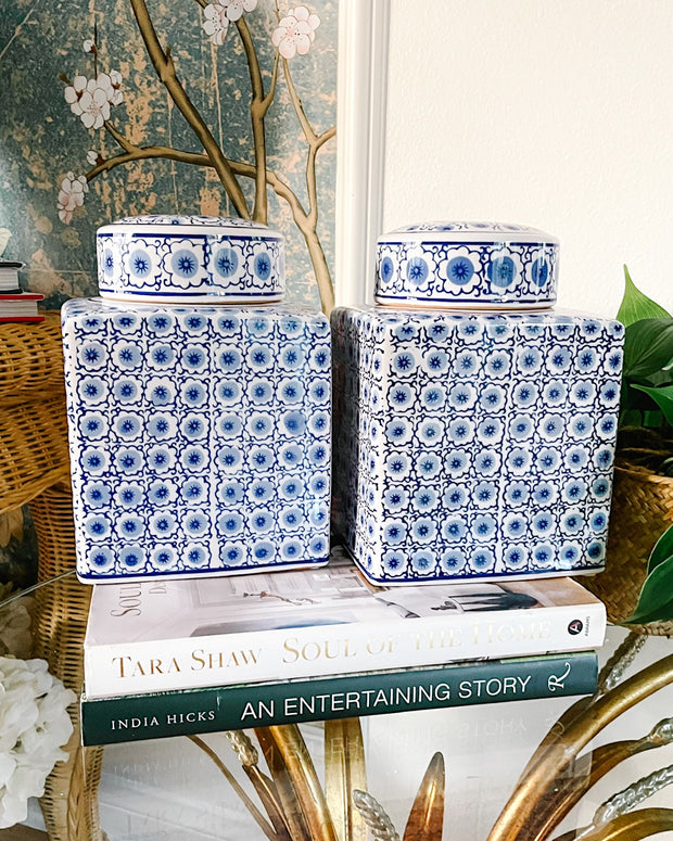 Blue & White Small Floral Print Square Jars