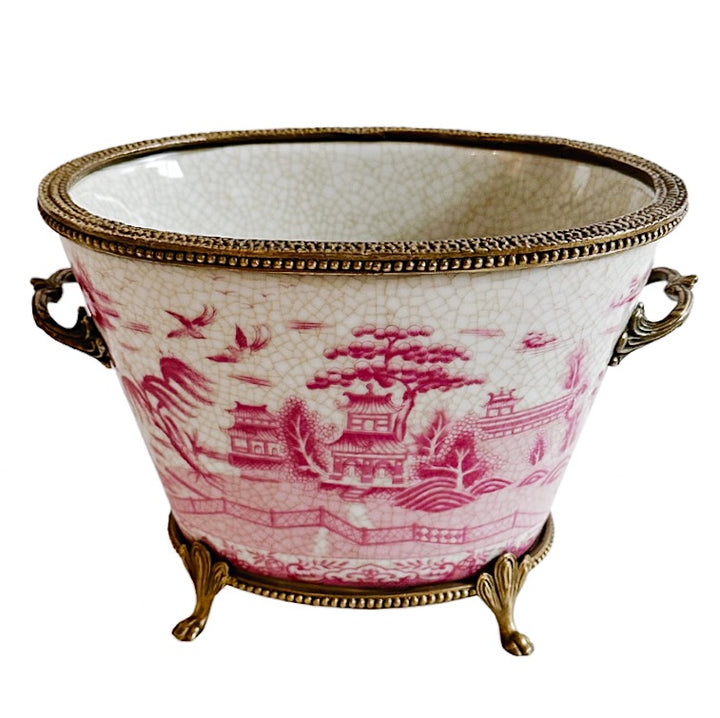 Pink & White Chinoiserie Pagoda Porcelain Planter With Ormolu