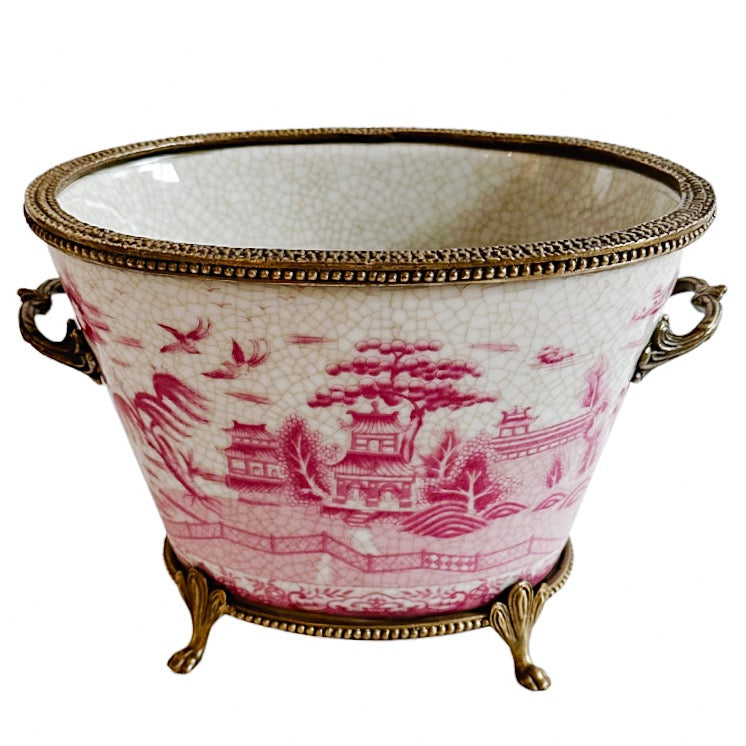 Pink & White Chinoiserie Pagoda Porcelain Planter With Ormolu