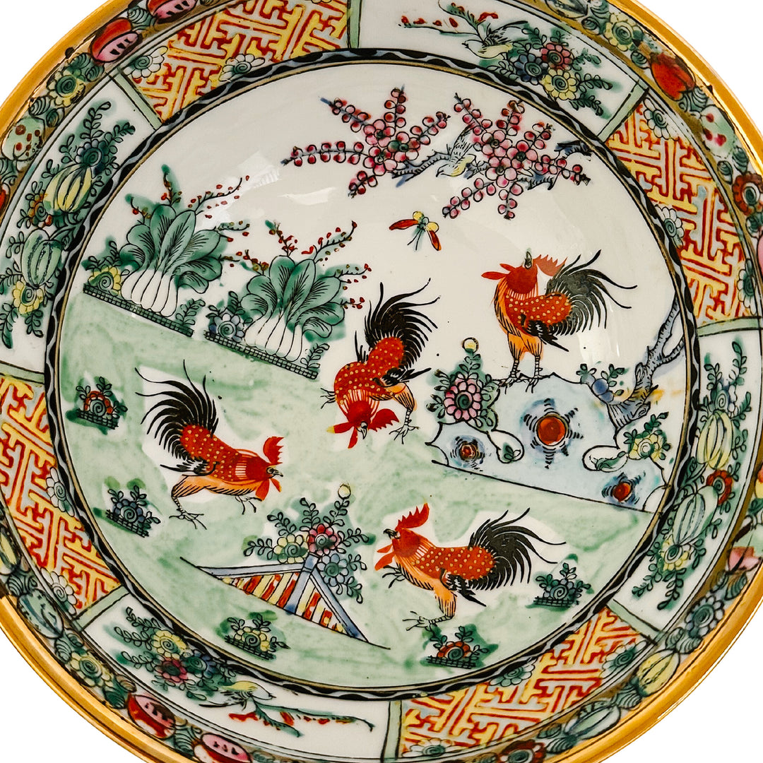 Antique Cantonese Famille Rose Bowl With Rooster Motif