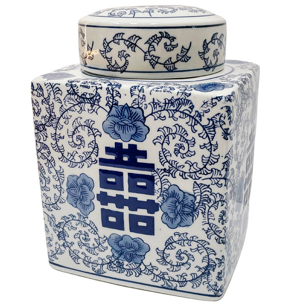 Blue & White Square Double Happiness Lidded Canister