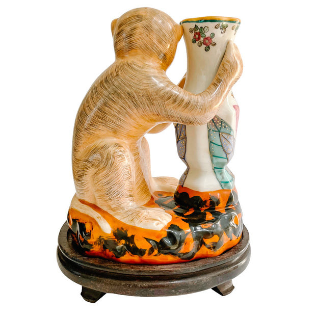 Tobacco Leaf Chinoiserie Monkey On Stand