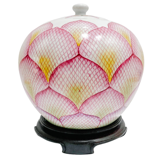 Vintage Large Pink Lotus Petals Melon Jar On Stand
