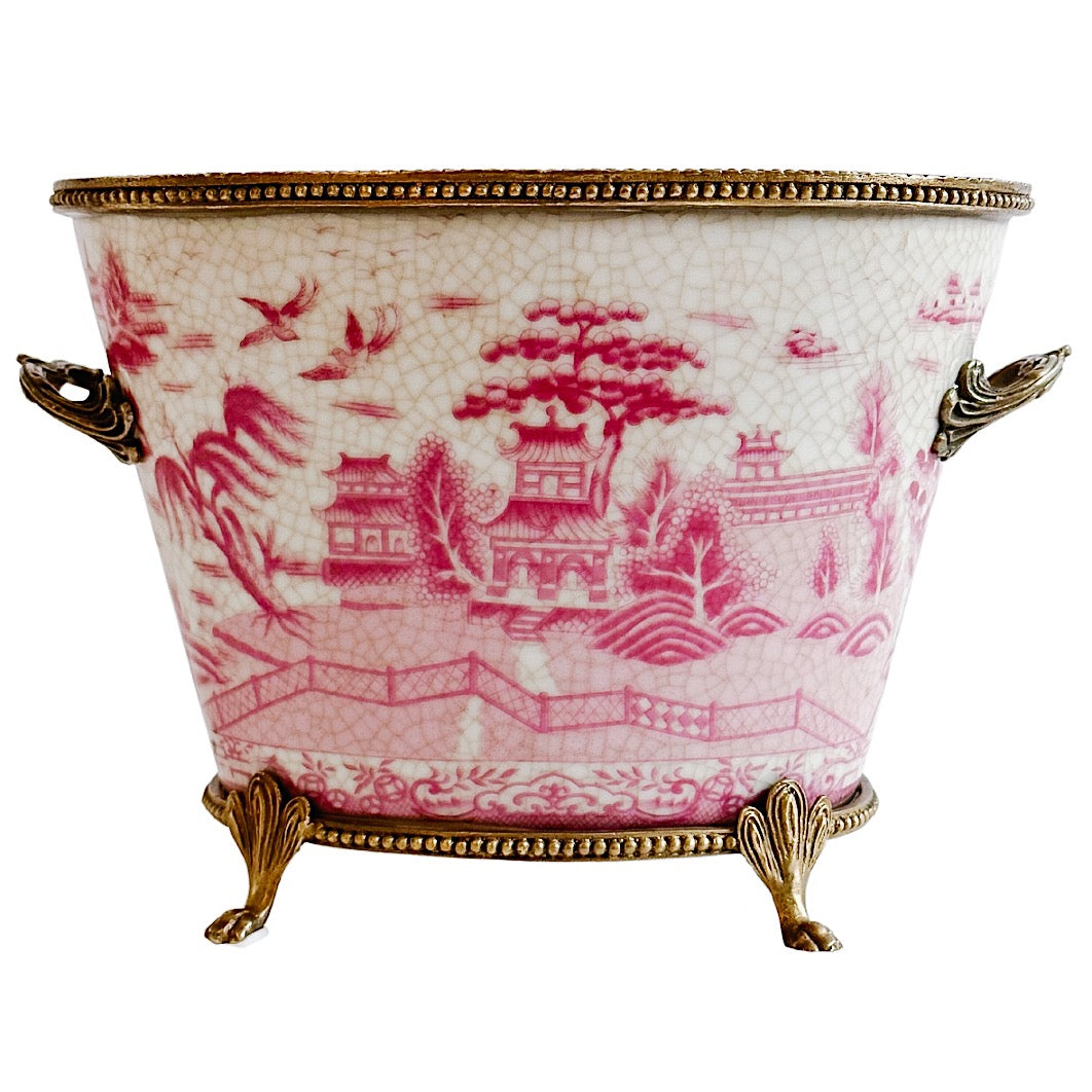 Pink & White Chinoiserie Pagoda Porcelain Planter With Ormolu