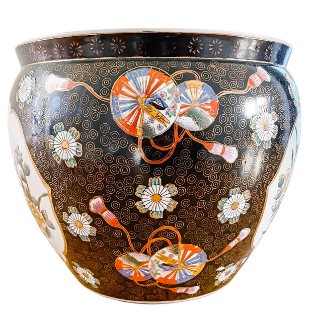 Large Black & Gold Bird Motif Fish Bowl Planter