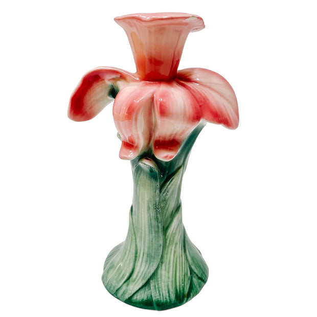 Pair Of Italian Porcelain Pink Iris Candlesticks