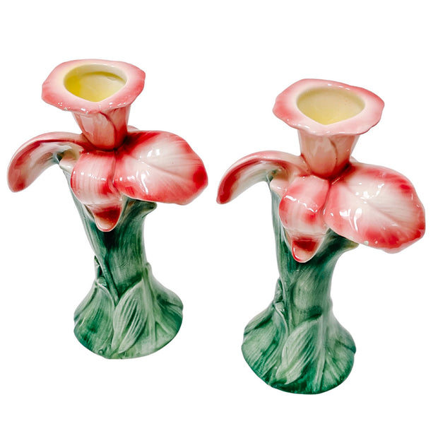 Pair Of Italian Porcelain Pink Iris Candlesticks