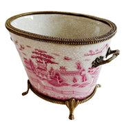 Pink & White Chinoiserie Pagoda Porcelain Planter With Ormolu