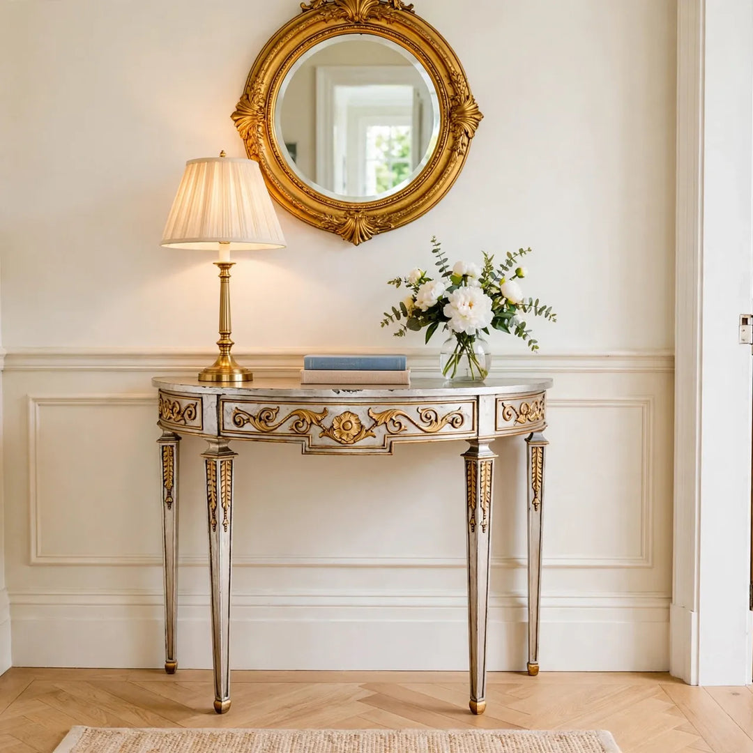 Maitland-Smith Silver Leaf & Gilt Neoclassical Demilune Console Table