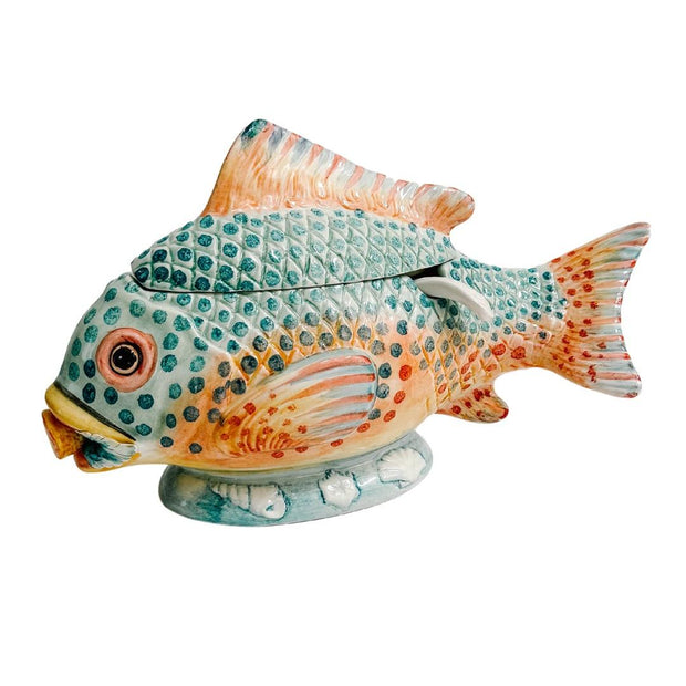 Italian Hand-Painted Fish Form Sauce Dish With Ladle
