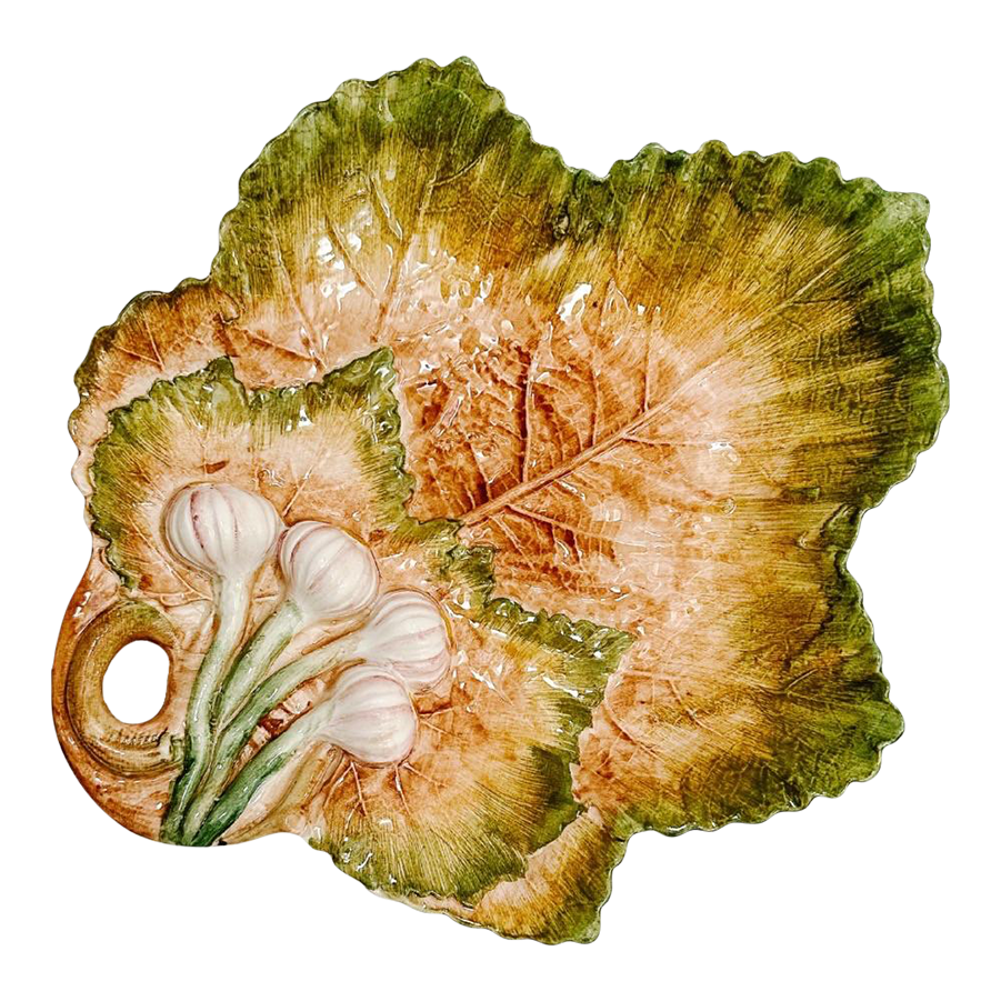 Italian Majolica Maple Leaf Plate With Spring Onions