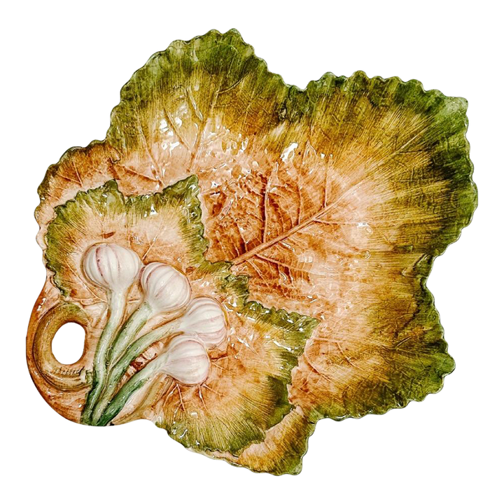 Italian Majolica Maple Leaf Plate With Spring Onions