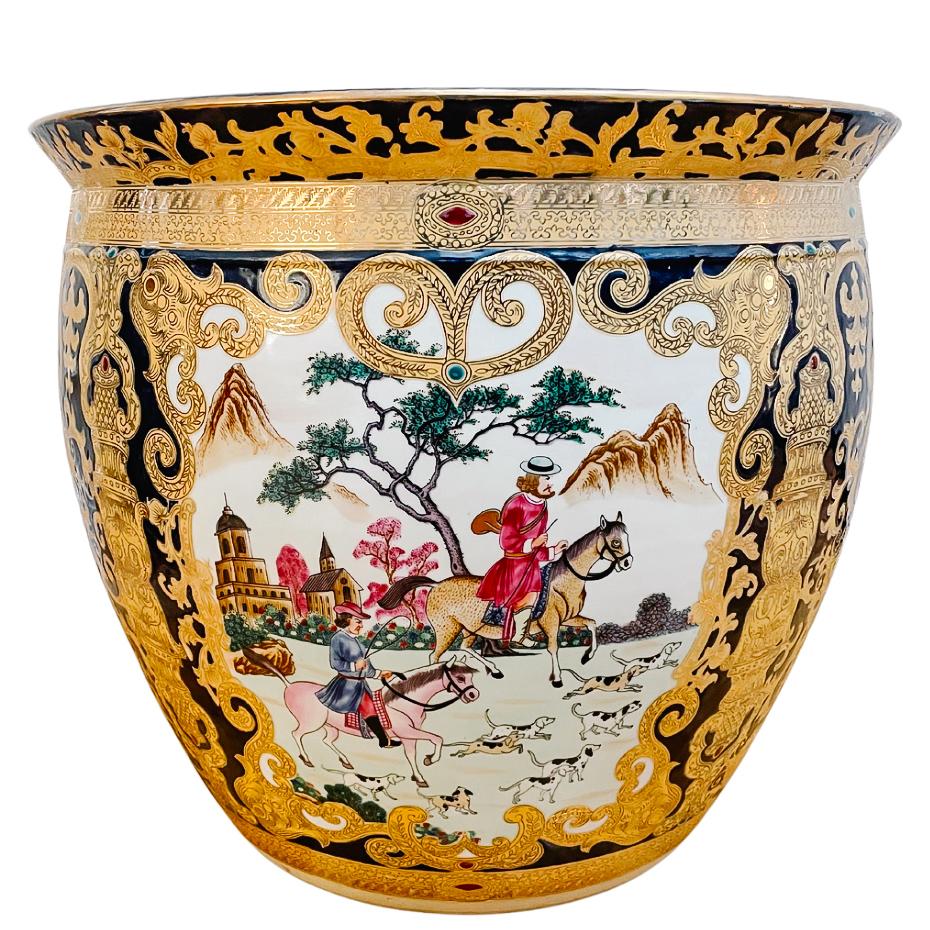 Large Chinese Fish Bowl Planter With European Hunting Scenes