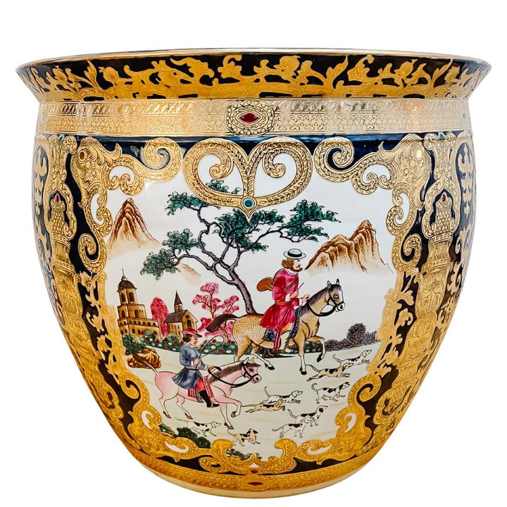 Large Chinese Fish Bowl Planter With European Hunting Scenes