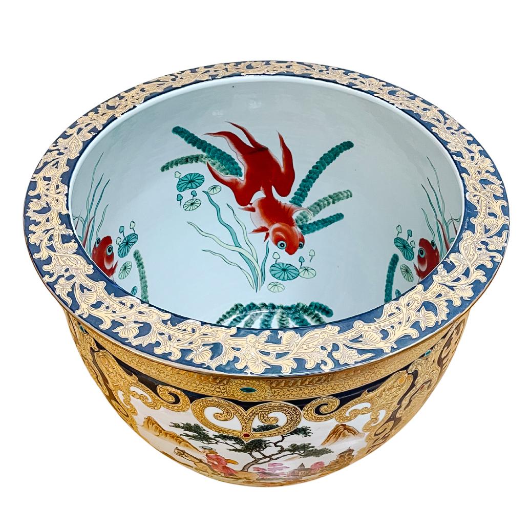 fish pot planter Large Chinese Fish Bowl Planter With European Hunting Scenes