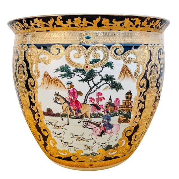 Large Chinese Fish Bowl Planter With European Hunting Scenes