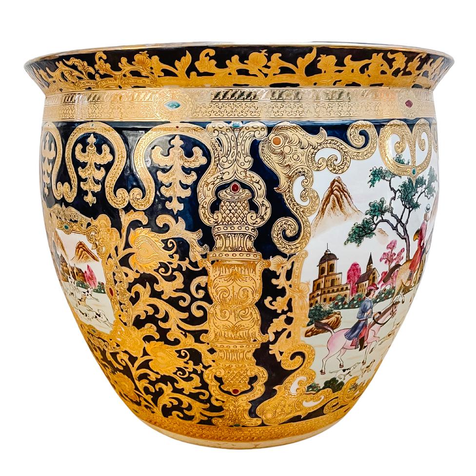 chinese fish pot planter Large Chinese Fish Bowl Planter With European Hunting Scenes
