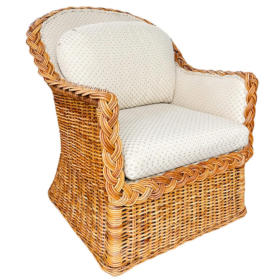 Late 20th Century Coastal Wicker Braided Rattan Lounge Chair With Ottoman