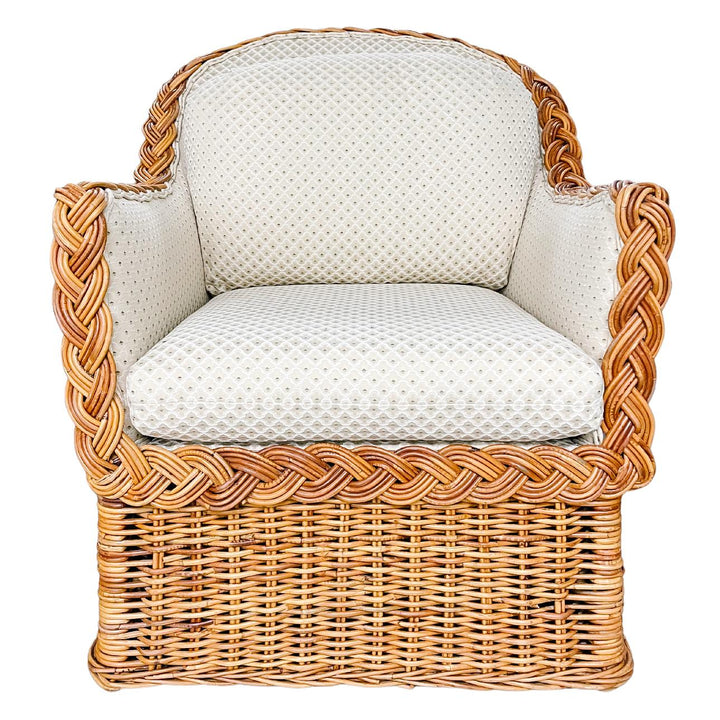 Late 20th Century Coastal Wicker Braided Rattan Lounge Chair With Ottoman