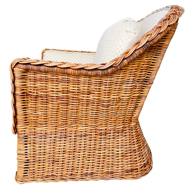 Late 20th Century Coastal Wicker Braided Rattan Lounge Chair With Ottoman