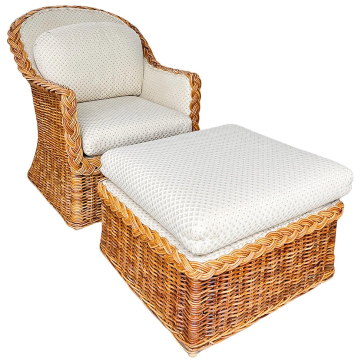 Late 20th Century Coastal Wicker Braided Rattan Lounge Chair With Ottoman