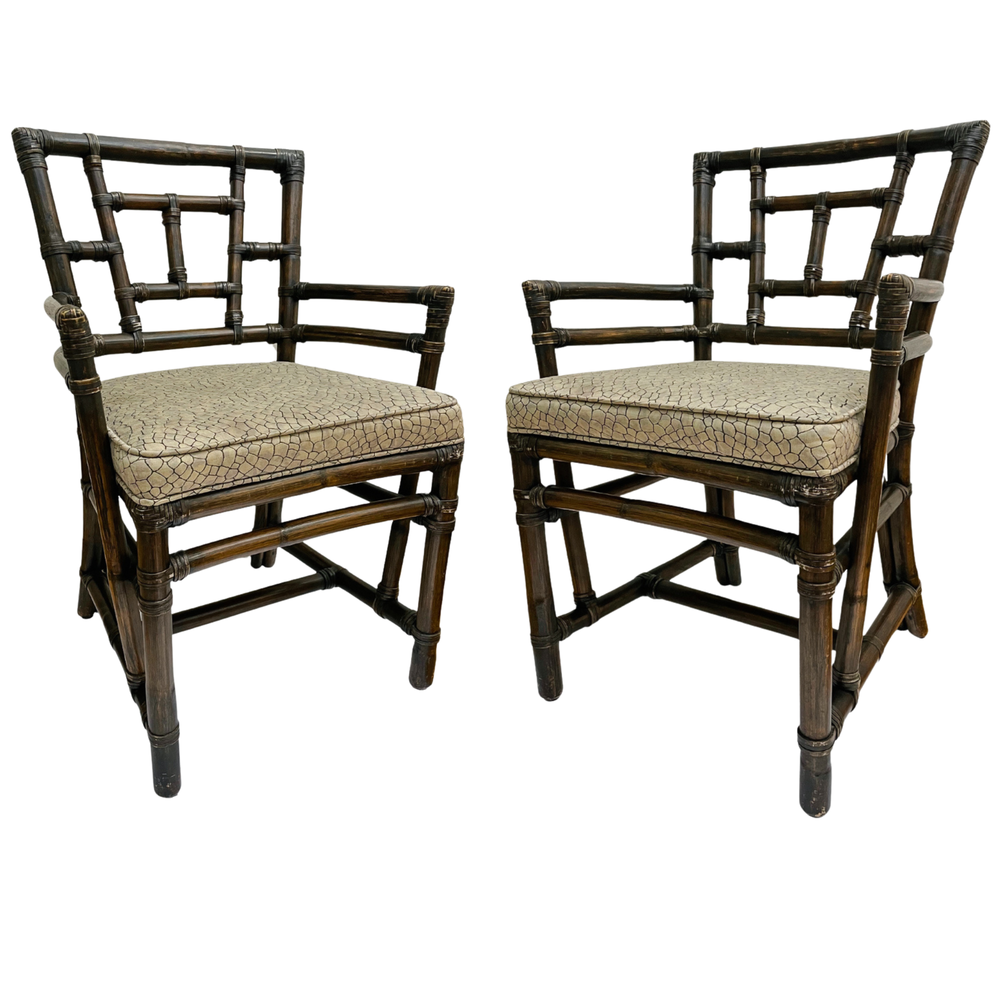 Pair of McGuire Chinese Chippendale Leather Wrapped Bamboo Armchairs