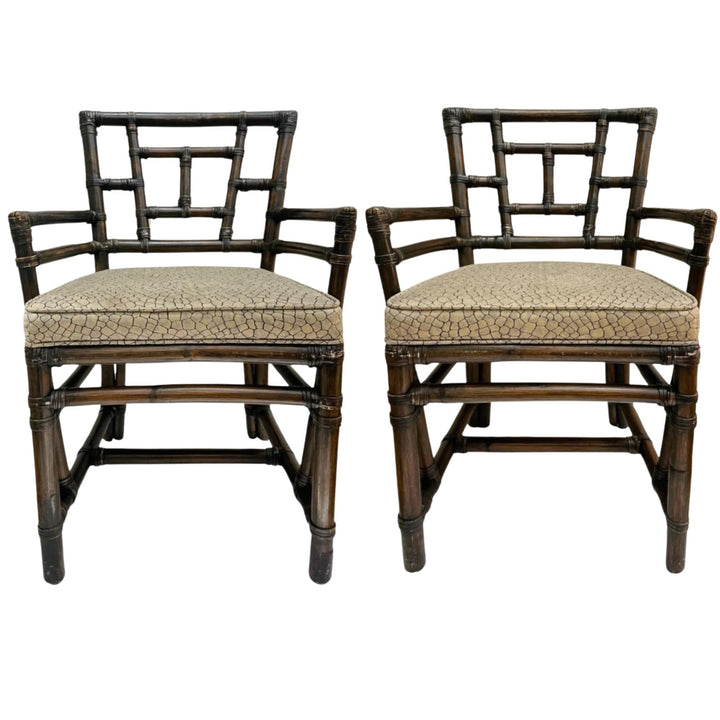 Pair of McGuire Chinese Chippendale Leather Wrapped Bamboo Armchairs