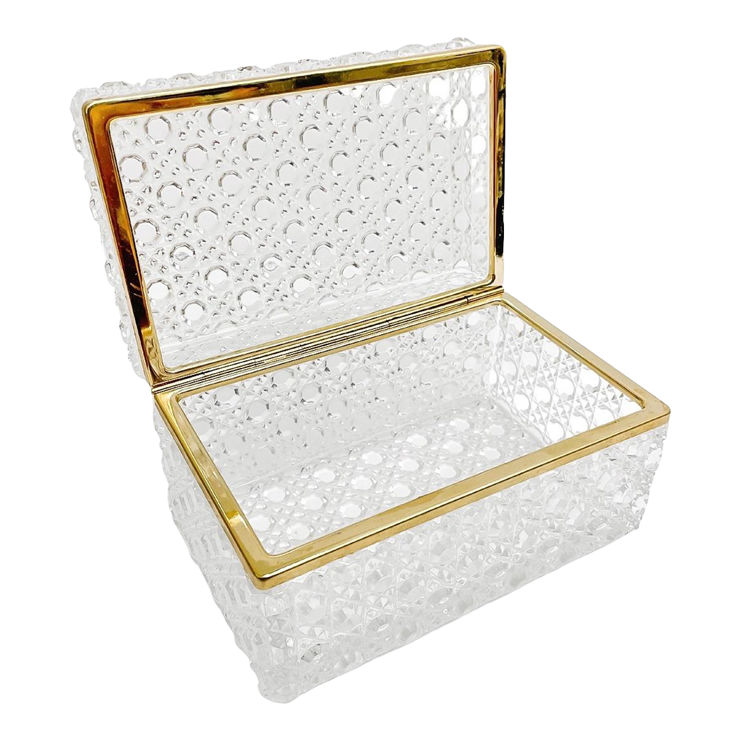French Diamond Cut Crystal Hinged Casket Box With Brass Frame