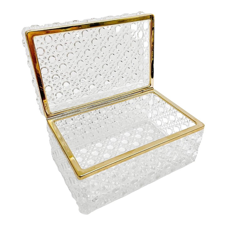French Diamond Cut Crystal Hinged Casket Box With Brass Frame