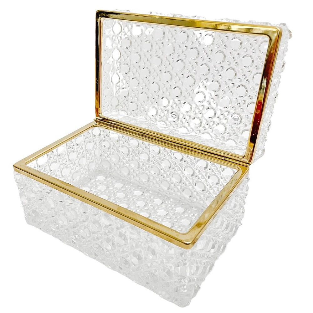 French Diamond Cut Crystal Hinged Casket Box With Brass Frame