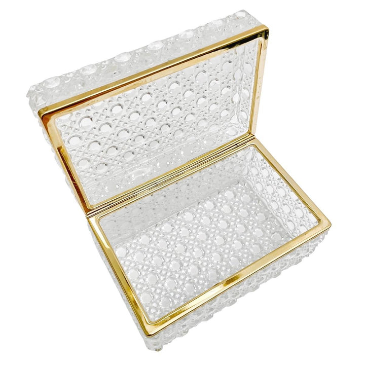 French Diamond Cut Crystal Hinged Casket Box With Brass Frame