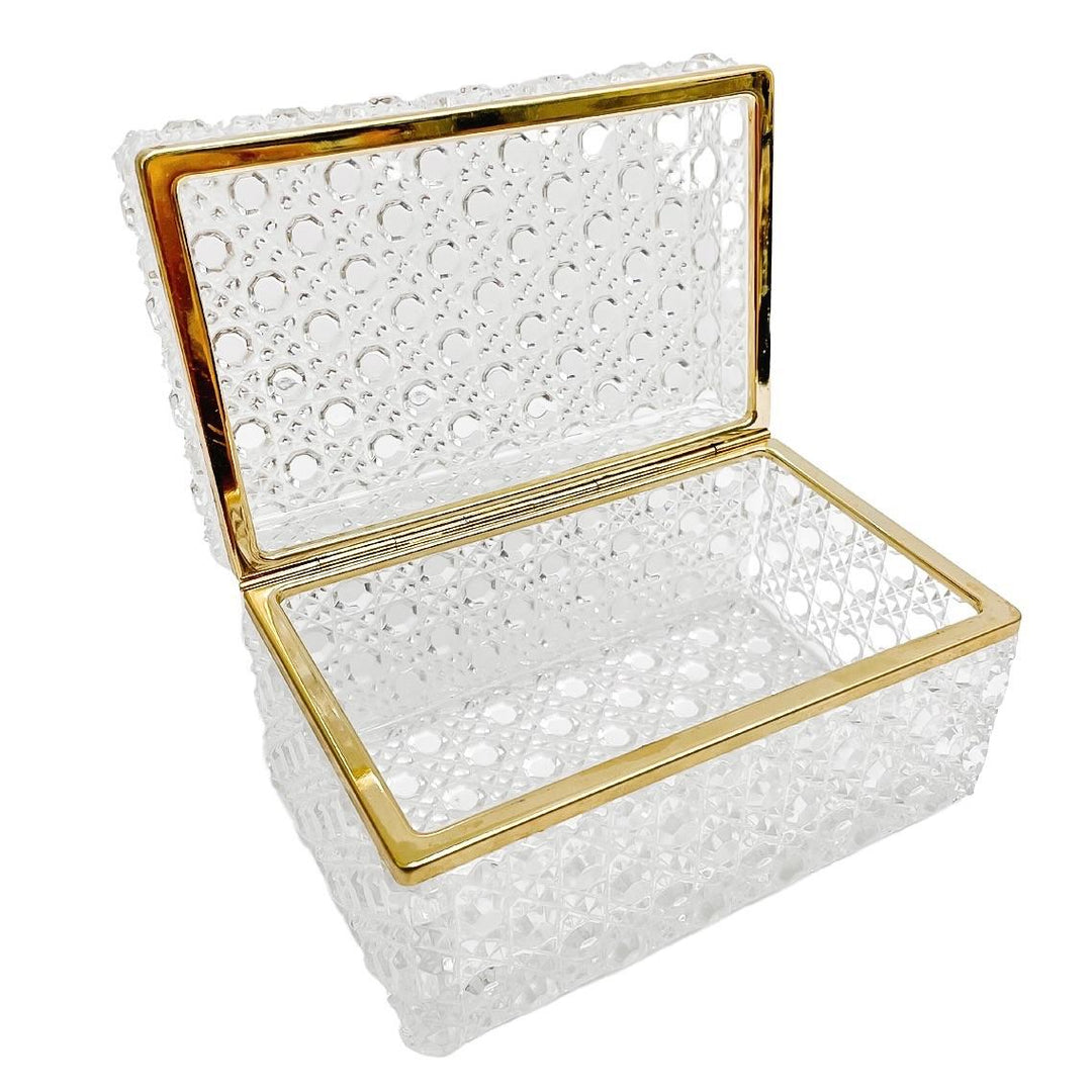 French Diamond Cut Crystal Hinged Casket Box With Brass Frame