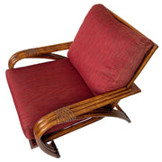 MCM Red Upholstered Rattan Lounge Chair With Ottoman