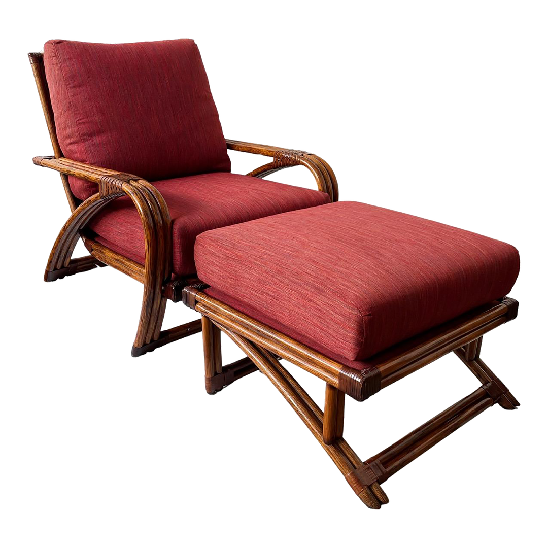 Mid century modern Red Upholstered Rattan Lounge Chair With Ottoman