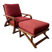 Mid century modern Red Upholstered Rattan Lounge Chair With Ottoman