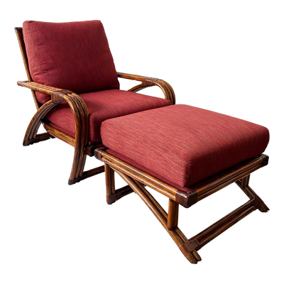 Mid century modern Red Upholstered Rattan Lounge Chair With Ottoman