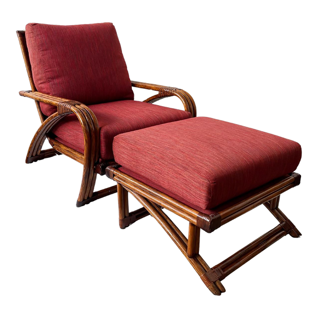 Mid century modern Red Upholstered Rattan Lounge Chair With Ottoman