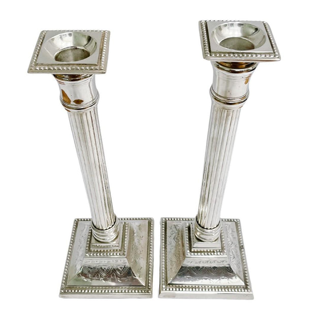 Mid-Century Silverplate Neoclassical Doric Column Candlesticks