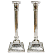 Mid-Century Silverplate Neoclassical Doric Column Candlesticks