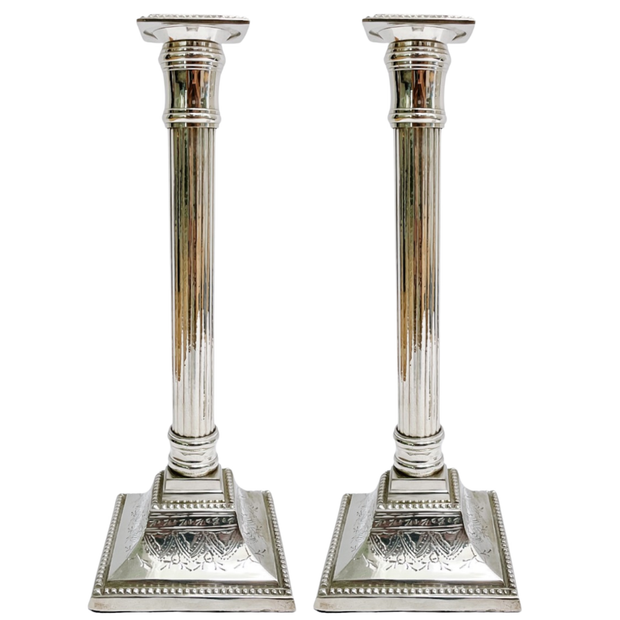 Mid-Century Silverplate Neoclassical Doric Column Candlesticks