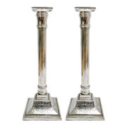 Mid-Century Silverplate Neoclassical Doric Column Candlesticks