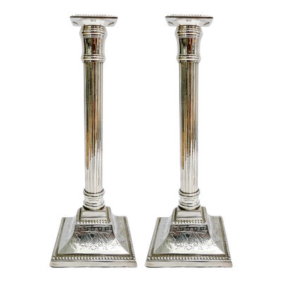 Mid-Century Silverplate Neoclassical Doric Column Candlesticks