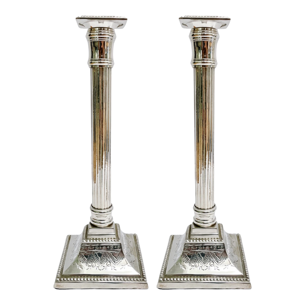 Mid-Century Silverplate Neoclassical Doric Column Candlesticks