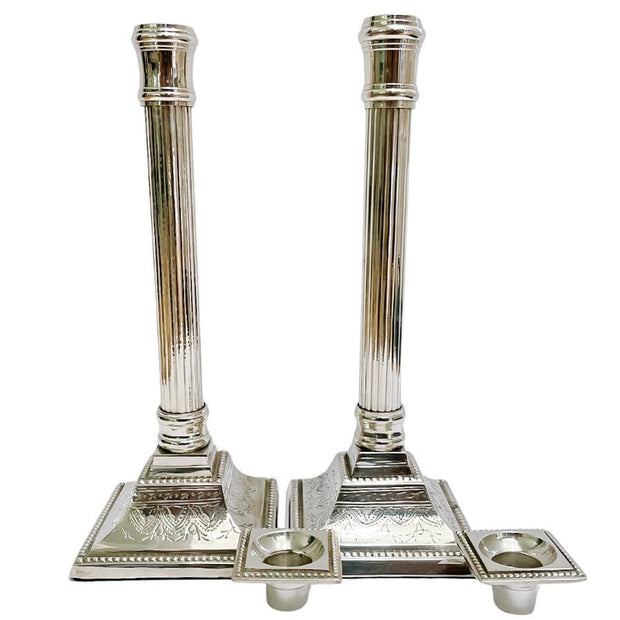 Mid-Century Silverplate Neoclassical Doric Column Candlesticks